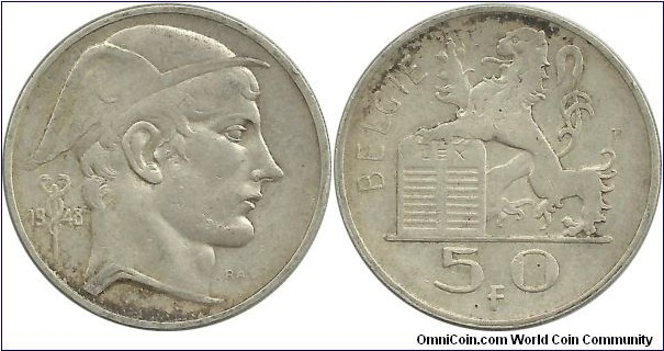 Belgium 50 Francs 1948-Dutch (0.835Ag)