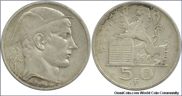 Belgium 50 Francs 1948-Dutch (0.835Ag)