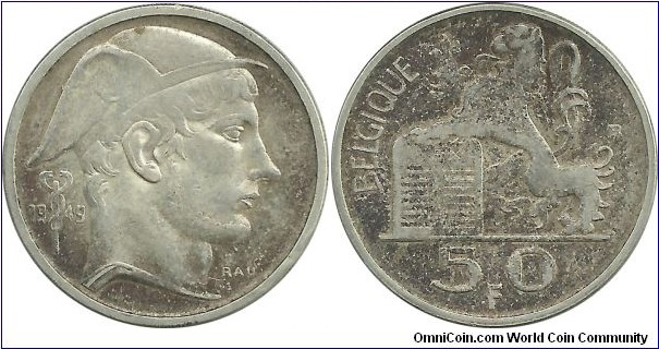 Belgium 50 Francs 1949-French (0.835Ag)