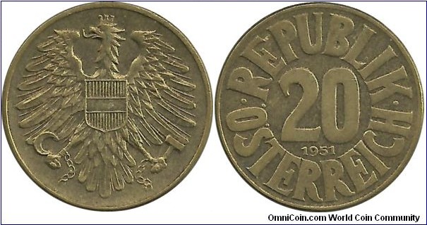 Austria 20 Groschen 1951