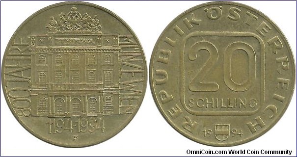 Austria 20 Schilling 1994 - 800th Anniversary - Vienna Mint