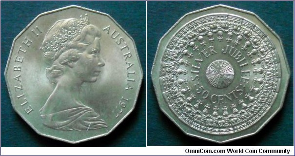 Australia 50 cents.
1977, 25th Anniversary of the Accession of Elizabeth II (Silver Jubilee)