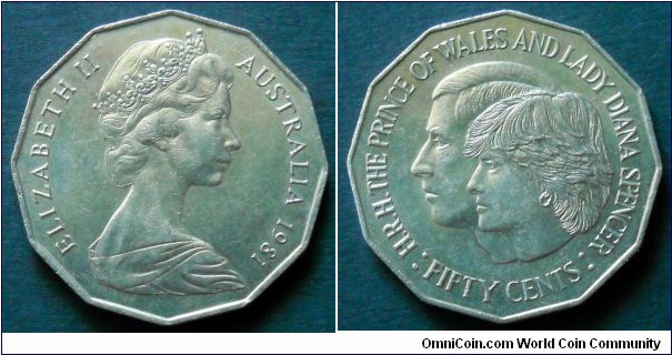 Australia 50 cents.
1981, Wedding of Prince Charles and Lady Diana.