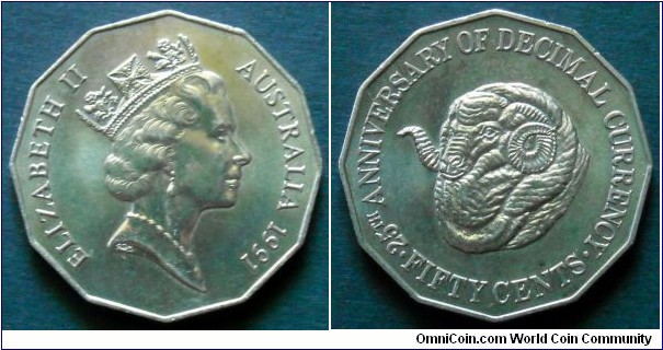 Australia 50 cents.
1991, 25th Anniversary of decimal currency.