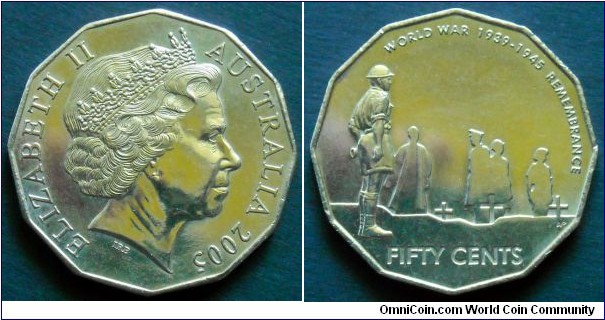 Australia 50 cents.
2005, 60th Anniversary of the End of World War II.
(WW II Remembrance)
