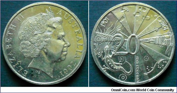 Australia 20 cents.
2001, 100th Anniversary of Federation - Queensland.