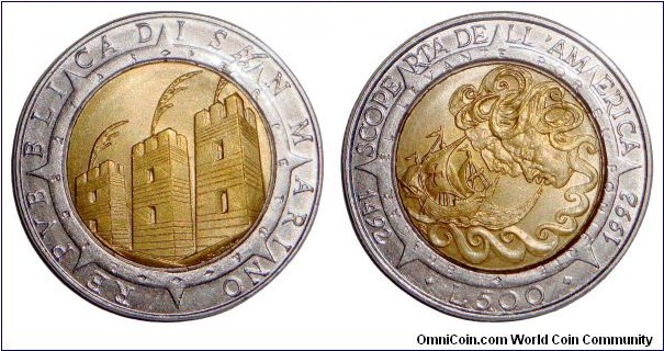 SAN MARINO~500 Lire 1992. *500th Anniversary of Columbus Discovering America*