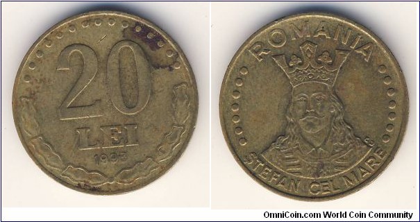 20 Lei (Romania, Post-Revolutionary Republic // Brass plated steel)