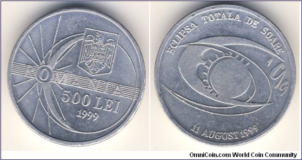 500 Lei (Romania, Post-Eastern Bloc Republic / Solar eclipse of 11 August 1999 // Aluminium)