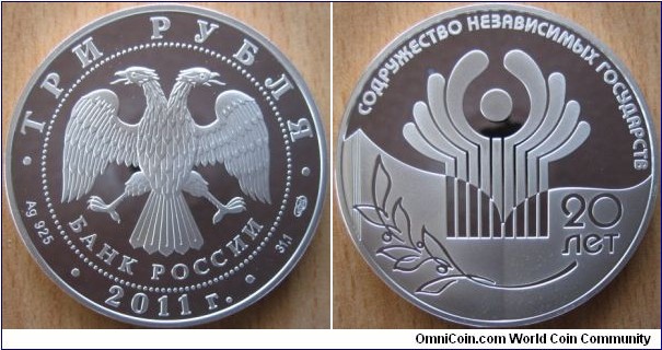 3 Rubles - 20 years of CIS - 33.94 g Ag .925 Proof - mintage 3,000