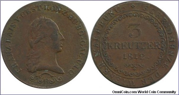 Austria 3 Kreuzer 1812B - Franz II (1792-1835), since 1806 as Franz I, Austrian Emperor