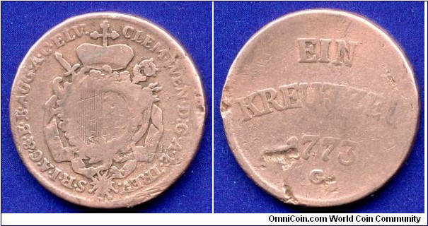 1 kreutzer.
Augsburg Bistum (Bishopric).
Clemens Wenzel, Prince of Poland & Saxony (1768-1803).
*G* - Günzburg mint.


Cu.