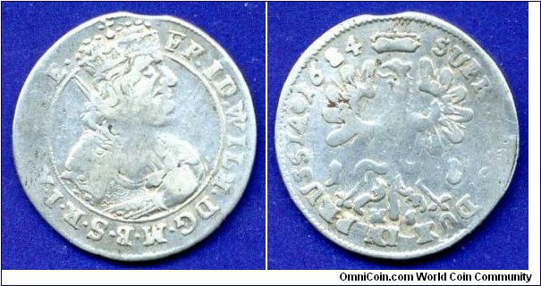 18 Grösher (Tymph, 1/5 Thaler).
Brandenburg-Prussia.
Friedrich Wilhelm (1640-1688).
*HS* - Heinrich Hievert, work on Konigsberg mint in 1674-94.


Ag750f.


