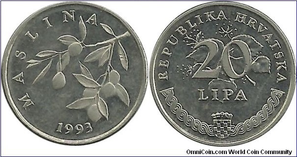 Croatia 20 Lipa 1993 - Croatian - Maslina(Olive)