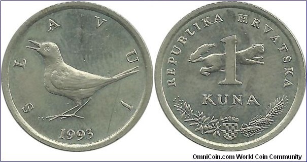 Croatia 1 Kuna 1993 - Croatian - Slavuj(Nightingale)