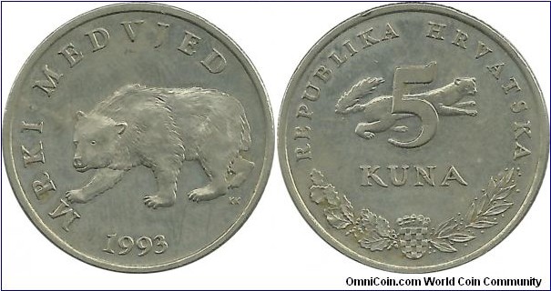 Croatia 5 Kuna 1993 - Croatian - Mrki Medvjed (Brown Bear)