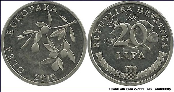 Croatia 20 Lipa 2010 - Latin - Olea Europaea(Olive)