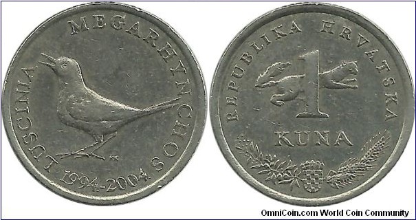 Croatia 1 Kuna 2004 - Latin - Luscinia Megarhynchos (Nightingale) - 10th Anniversary of Kuna