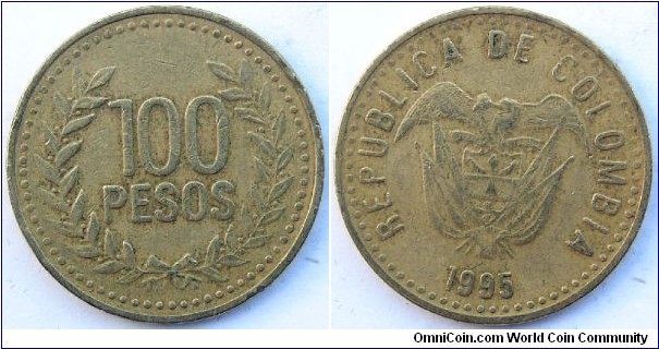 100 Pesos 1995 Colombia Coin 
Catalog Number: (KM# 285) 
Country: Colombia 
Year: 1995 
Value: 100 Pesos 
Metal: Brass 
Diameter: 23 mm 

Obverse: Colombia coat of arms and the motto 