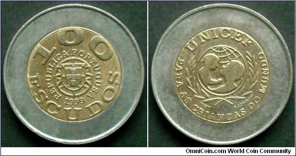 Portugal 100 escudos.
1999, UNICEF. Part of the mintage of this coin type was struck with spelling error in word PORTUGUESA. The letter 