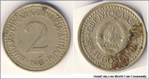 2 Dinara (Socialist Federal Republic of Yugoslavia / Hard Dinar // Nickel Brass)
