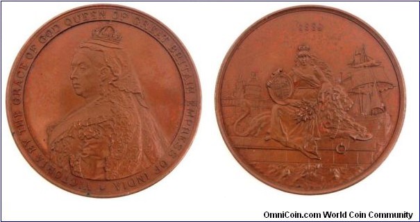 1889 India-British Colony Victoria By The Grace of God Queen of Great Britian Empress of India Medal by Lauer Chr. Nurnberg Bronze 65MM./118 gm. 
Edge engrave Made in Baravia,