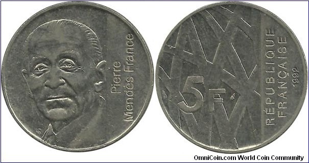 FranceComm 5 Francs 1992-Pierre Mendes France