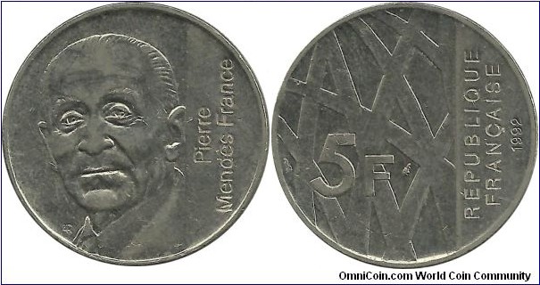 FranceComm 5 Francs 1992-Pierre Mendes France