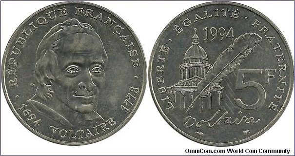 FranceComm 5 Francs 1994-Voltaire (1694-1778)