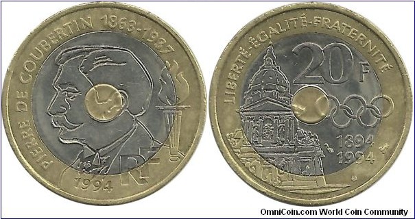 FranceComm 20 Francs 1994-Pierre de Coubertin