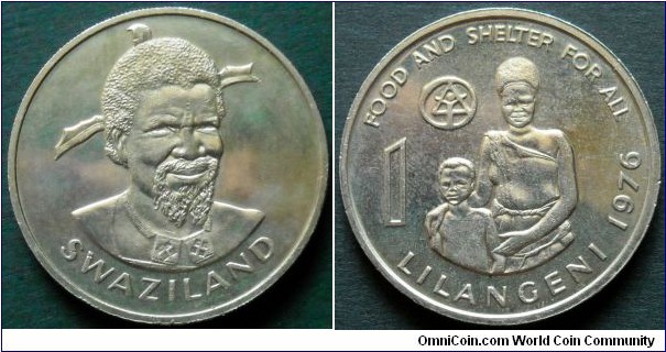 Swaziland 1 lilangeni. 1976, On obverse King Sobhuza II. F.A.O. issue. Cu-ni. Weight; 11,65g. Diameter; 30mm. Mintage: 100.000 units.