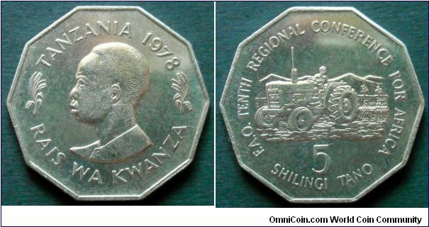 Tanzania 5 shillings.
1978, President Julius Nyerere. F.A.O. 10th Regional Conference for Africa. Cu-ni.
Shape 10-sided. Mintage: 50.000 units.