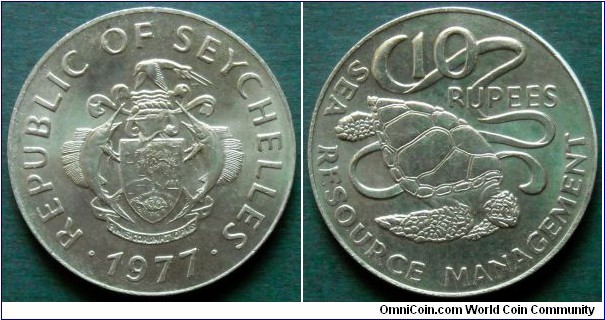 Seychelles 10 rupees.
1977, Green sea turtle. F.A.O. issue. Cu-ni. Weight; 18,1g. Diameter; 34mm.