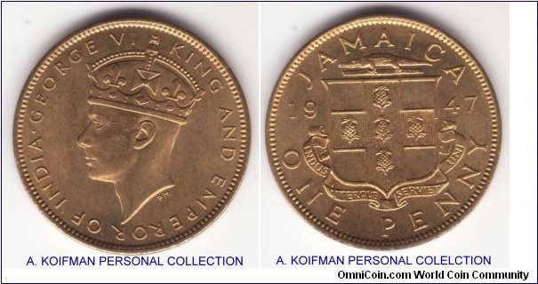 KM-32, 1947 Jamaica penny; nickel-brass, plain edge; mostly red, well preserved uncirculated specimen.