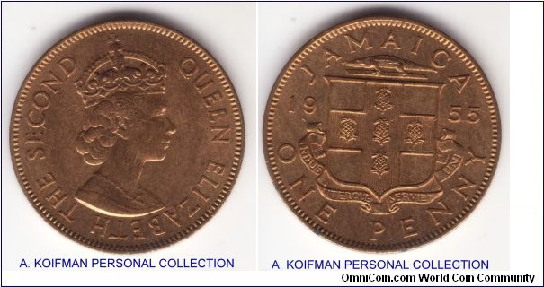 KM-37, 1955 Jamaica penny; brass-nickel, plain edge; toning uncirculated specimen.