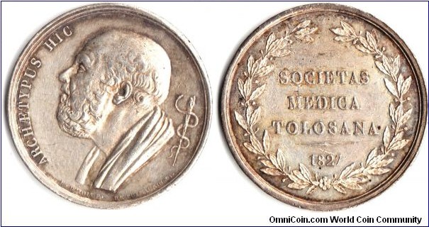 silver jeton minted in 1827 for the Toulouse Medical Society.