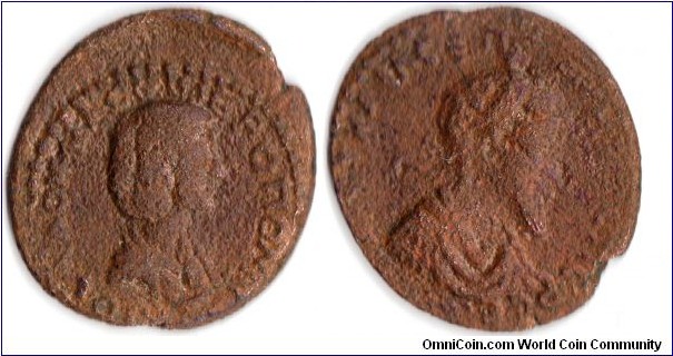 Help! Need identification of this provincial Ae of Julia Domna (obv) and presumably her husband, Septimius Severus (rev).

Obverse legend reads -(at least what looks to me like) `IOLA DOMNA CEBIE.ROPOLI.'

Reverse: unclear but looks like ...KAI N CEPT.... (?)