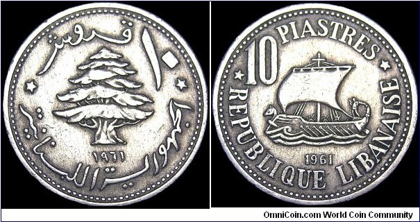 Lebanon - 10 Piastres - 1961 - Weight 3,5 gr - Copper-Nickel - Size 21,8 mm - Thickness 1,28 mm - Alignment Coin (180°) - Note / Reverse / A cedar tree - The symbol of Lebanon - Edge : Milled - Mintage 7 000 000 - Reference KM# 24 (1961)