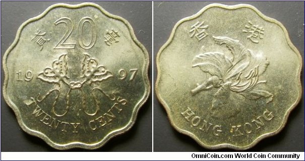 Hong Kong 1997 20 cents. Commemorating the returning of Hong Kong to China. Weight: 2.62g. 