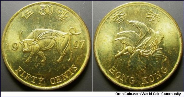 Hong Kong 1997 50 cents. Commemorating the returning of Hong Kong to China. Weight: 4.87g. 
