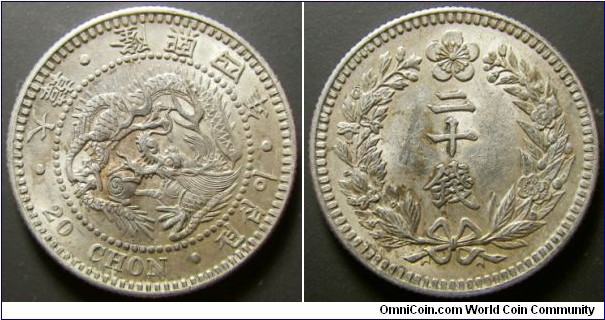 Korea 1910 20 chon. Nice condition. Weight: 4.08g. 