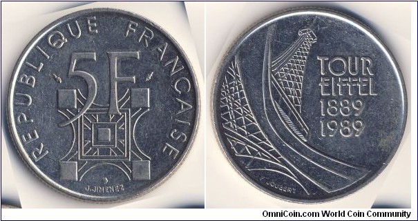 5 Francs (5th French Republic / 100th Anniversary of the Eiffel Tower 1889-1989 // Copper-Nickel)
