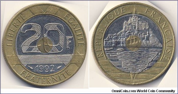 20 Francs (5th French Republic // Trimetallic: Copper-Aluminium-Nickel core, Nickel middle ring and Copper-Aluminium-Nickel outer ring)