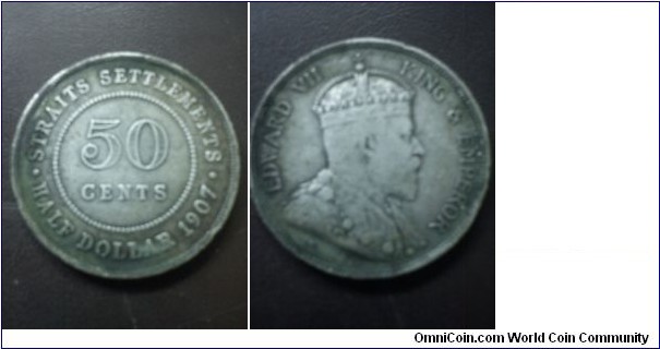 KING EDWARD V11 STRAIT SETTLEMENT : 50 CENTS 900.SILVER