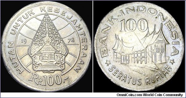 Indonesia - 100 Rupiah - 1978 - Weight 7,0 gr - Copper-nickel - Size 28,35 mm - Thickness 1,4 mm - Alignment Medal (0°) - Reverse / Minangkabau house - Edge : Reeded - Mintage 907 773 000 - Reference KM# 42 (1978)