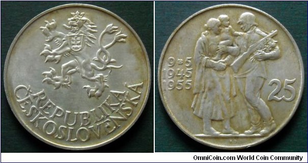 Czechoslovakia 25 korun.
1955, 10th Anniversary of Liberation. Ag 500. Weight; 16g. Diameter; 34mm.