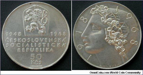 Czechoslovakia 50 korun.
1968, 50th Anniversary of Independence. Ag 900. Weight; 20g.
Diameter; 37mm.