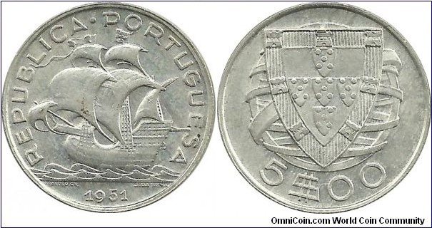 Portugal 5 Escudos 1951-Ag