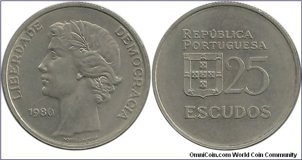 Portugal 25 Escudos 1980 - LIBERDADE DEMOCRACIA