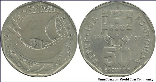 Portugal 50 Escudos 1987 - Galleon Ship & 4 Fish in Ocean